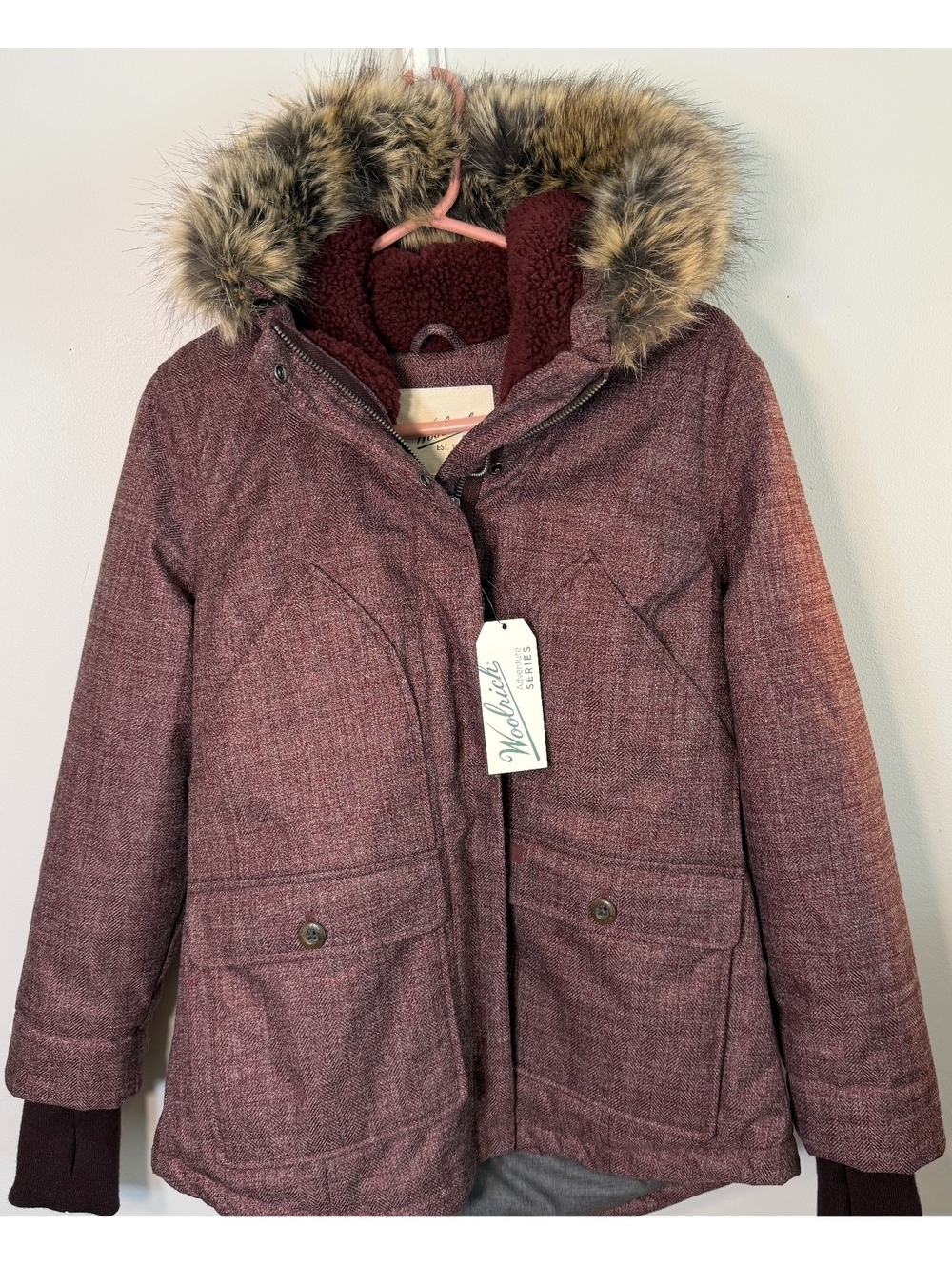 Woolrich Bitter Chill wool loft jacket women medium burgundy parka hooded nwts